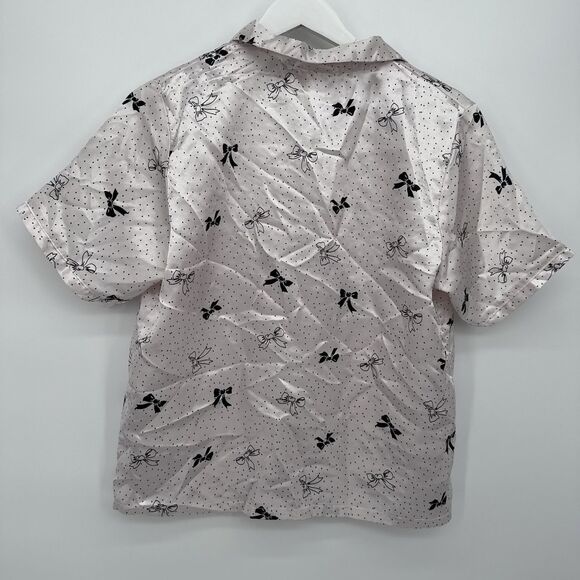 Exit 51 Vintage Pink Satin Bow Pajama Top Polka Dot Size Small - Picture 7 of 7